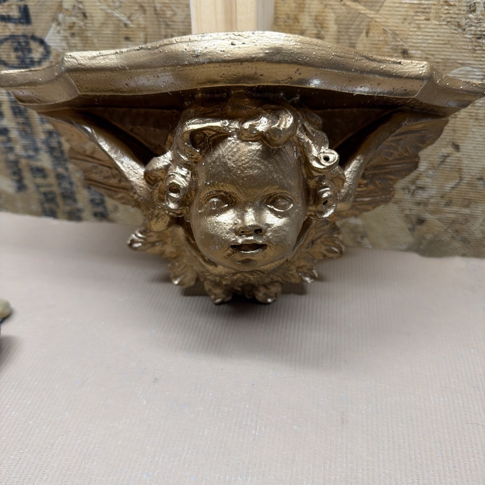 Vintage Gold Cherub Wall Shelf – Baroque Angel Corbel Sconce Decor 10" x 4.5"